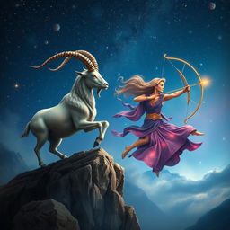 A mystical and enchanting depiction of a Capricorn and Sagittarius conjoined under a starry night sky