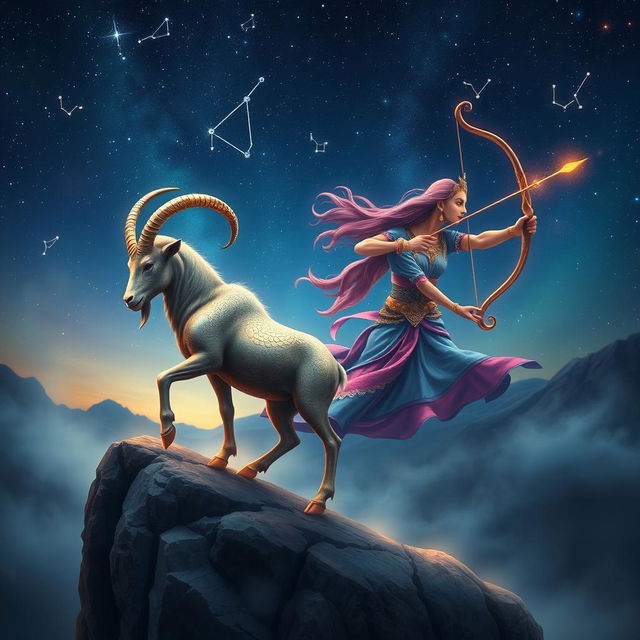 A mystical and enchanting depiction of a Capricorn and Sagittarius conjoined under a starry night sky