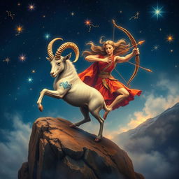 A mystical and enchanting depiction of a Capricorn and Sagittarius conjoined under a starry night sky