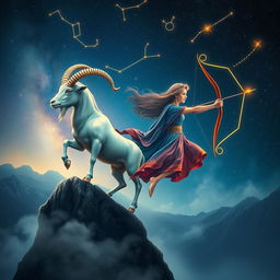 A mystical and enchanting depiction of a Capricorn and Sagittarius conjoined under a starry night sky