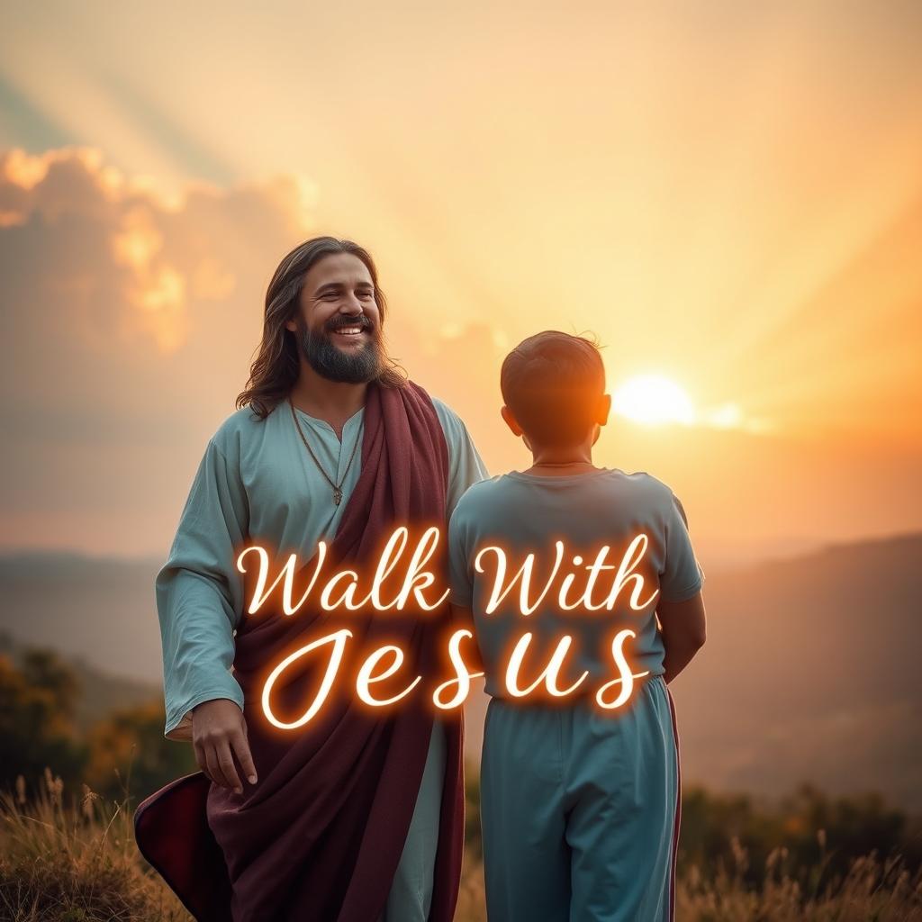 A heartwarming scene depicting an individual standing beside Jesus in a serene, divine landscape