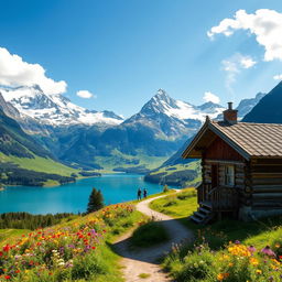 A stunning landscape capturing the essence of travel, depicting a picturesque scene of the Swiss Alps with towering snow-capped mountains, lush green valleys, and a crystal-clear blue lake surrounded by colorful wildflowers in the foreground
