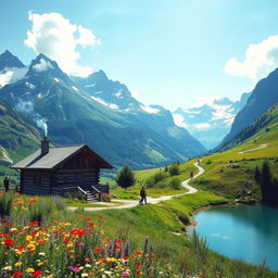 A stunning landscape capturing the essence of travel, depicting a picturesque scene of the Swiss Alps with towering snow-capped mountains, lush green valleys, and a crystal-clear blue lake surrounded by colorful wildflowers in the foreground
