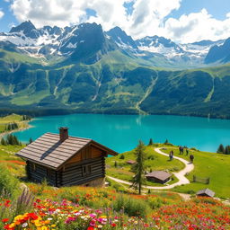 A stunning landscape capturing the essence of travel, depicting a picturesque scene of the Swiss Alps with towering snow-capped mountains, lush green valleys, and a crystal-clear blue lake surrounded by colorful wildflowers in the foreground