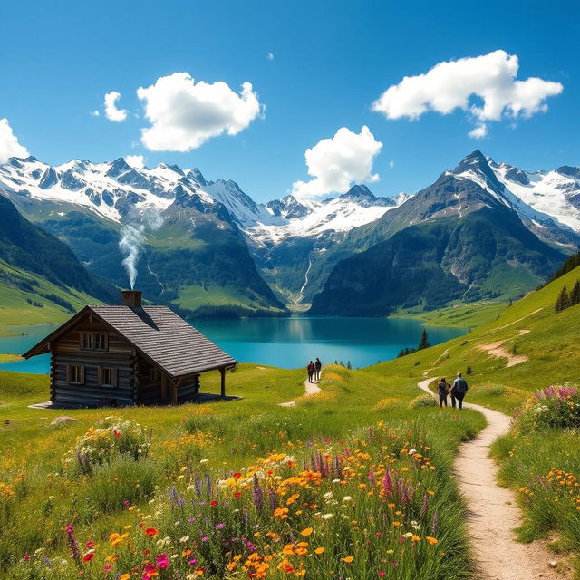 A stunning landscape capturing the essence of travel, depicting a picturesque scene of the Swiss Alps with towering snow-capped mountains, lush green valleys, and a crystal-clear blue lake surrounded by colorful wildflowers in the foreground