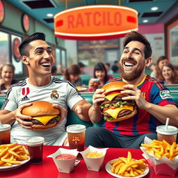 A humorous and exaggerated scene featuring Cristiano Ronaldo in a Real Madrid jersey and Lionel Messi in a Barcelona jersey, both with large bellies and overweight