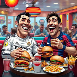 A humorous and exaggerated scene featuring Cristiano Ronaldo in a Real Madrid jersey and Lionel Messi in a Barcelona jersey, both with large bellies and overweight