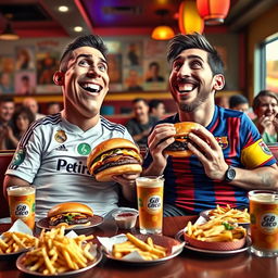 A humorous and exaggerated scene featuring Cristiano Ronaldo in a Real Madrid jersey and Lionel Messi in a Barcelona jersey, both with large bellies and overweight