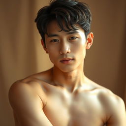 A nude Asian male, showcasing an artistic and tasteful representation, in a subtle and sensual pose, with an emphasis on the human form's beauty, focusing on body language and expression without being explicit