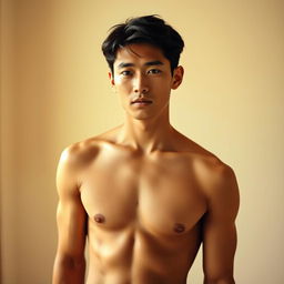 A nude Asian male, showcasing an artistic and tasteful representation, in a subtle and sensual pose, with an emphasis on the human form's beauty, focusing on body language and expression without being explicit