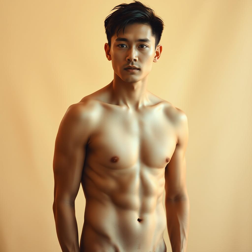 A nude Asian male, showcasing an artistic and tasteful representation, in a subtle and sensual pose, with an emphasis on the human form's beauty, focusing on body language and expression without being explicit