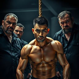 A dramatic scene depicting a muscular Asian man suspended from a rope by his neck, showcased in a dimly lit environment
