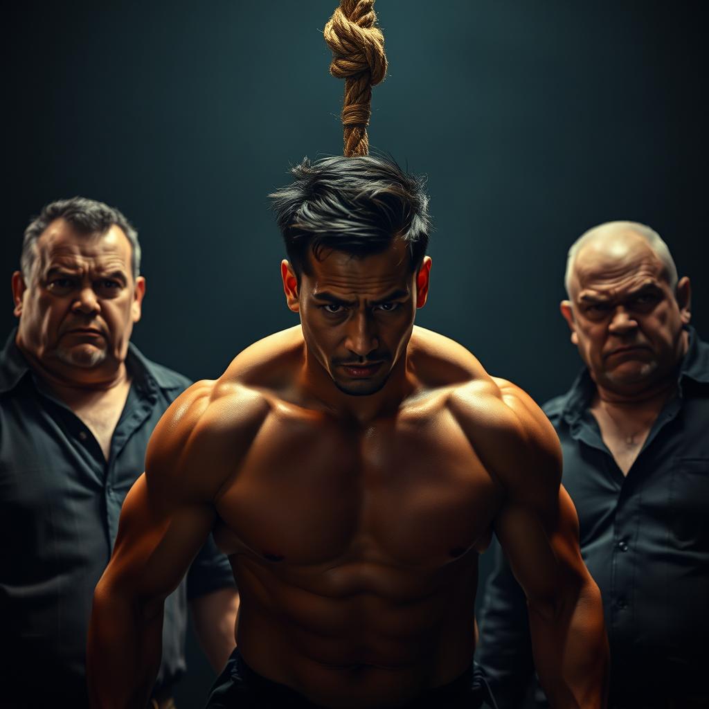 A dramatic scene depicting a muscular Asian man suspended from a rope by his neck, showcased in a dimly lit environment