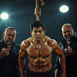 A dramatic scene depicting a muscular Asian man suspended from a rope by his neck, showcased in a dimly lit environment