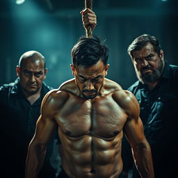 A dramatic scene depicting a muscular Asian man suspended from a rope by his neck, showcased in a dimly lit environment