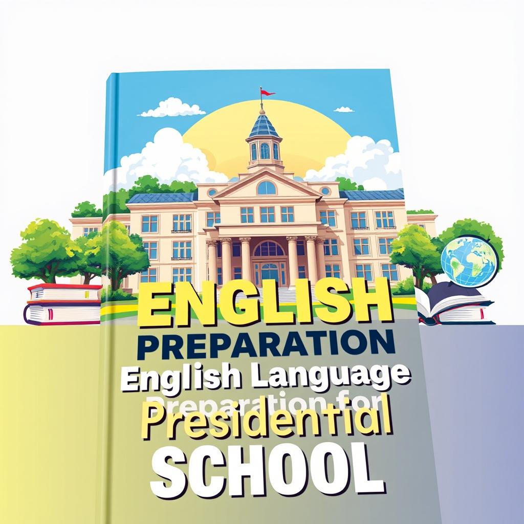 A vibrant book cover for a preparatory English language textbook specifically designed for a presidential school