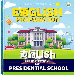A vibrant book cover for a preparatory English language textbook specifically designed for a presidential school