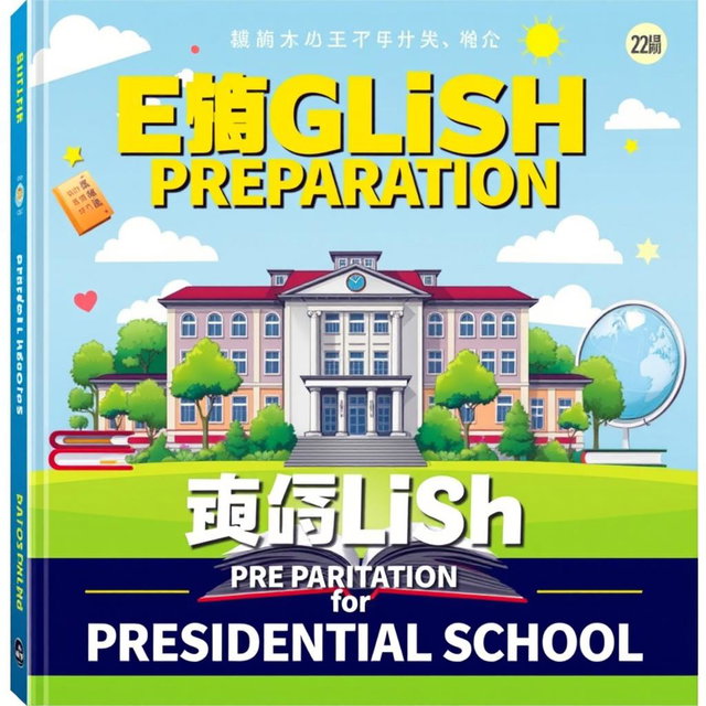 A vibrant book cover for a preparatory English language textbook specifically designed for a presidential school