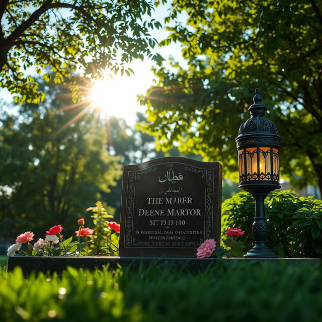 A peaceful grave site dedicated to a martyr, featuring a beautifully designed headstone engraved with intricate patterns and the name of the martyr