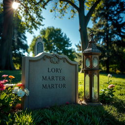 A peaceful grave site dedicated to a martyr, featuring a beautifully designed headstone engraved with intricate patterns and the name of the martyr