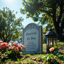 A peaceful grave site dedicated to a martyr, featuring a beautifully designed headstone engraved with intricate patterns and the name of the martyr