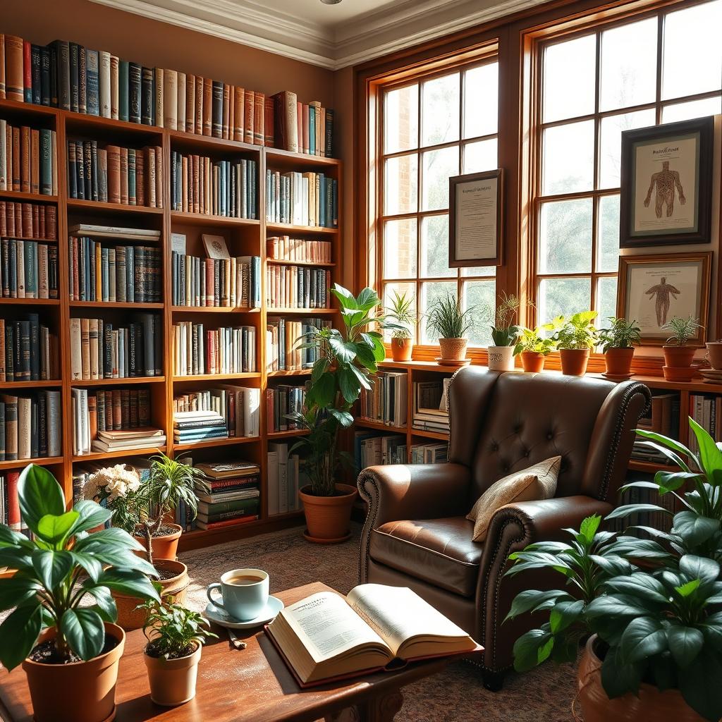 A cozy study room filled with numerous pharmacology books neatly arranged on wooden shelves