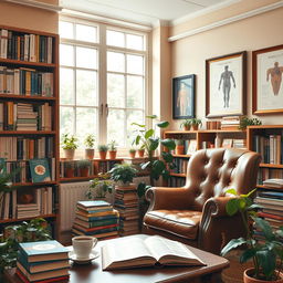 A cozy study room filled with numerous pharmacology books neatly arranged on wooden shelves
