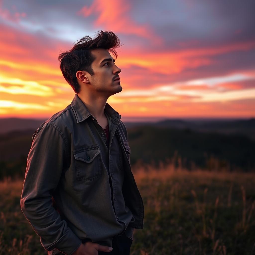 A romantic scene showing a man gazing thoughtfully at the sky, contemplating his love for his partner