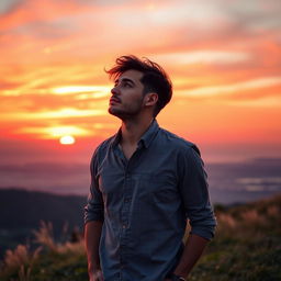A romantic scene showing a man gazing thoughtfully at the sky, contemplating his love for his partner