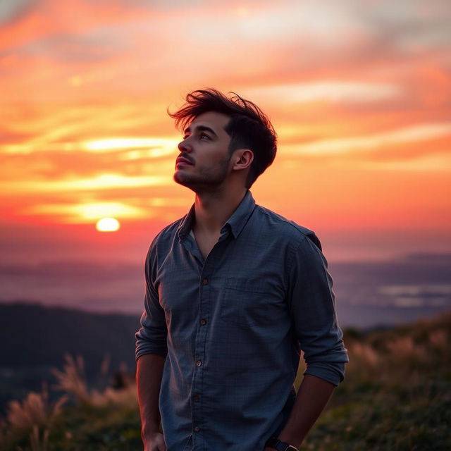 A romantic scene showing a man gazing thoughtfully at the sky, contemplating his love for his partner
