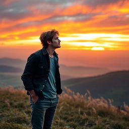 A romantic scene showing a man gazing thoughtfully at the sky, contemplating his love for his partner