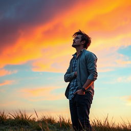 A romantic scene showing a man gazing thoughtfully at the sky, contemplating his love for his partner