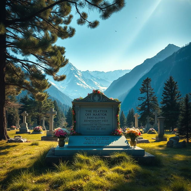 A serene mountain cemetery dedicated to a martyr, featuring a beautifully crafted grave monument adorned with floral arrangements, surrounded by majestic, snow-capped mountains