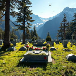 A serene mountain cemetery dedicated to a martyr, featuring a beautifully crafted grave monument adorned with floral arrangements, surrounded by majestic, snow-capped mountains