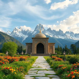 A majestic Islamic hero's tomb located at the foothills of a grand mountain range, surrounded by lush greenery and vibrant wildflowers