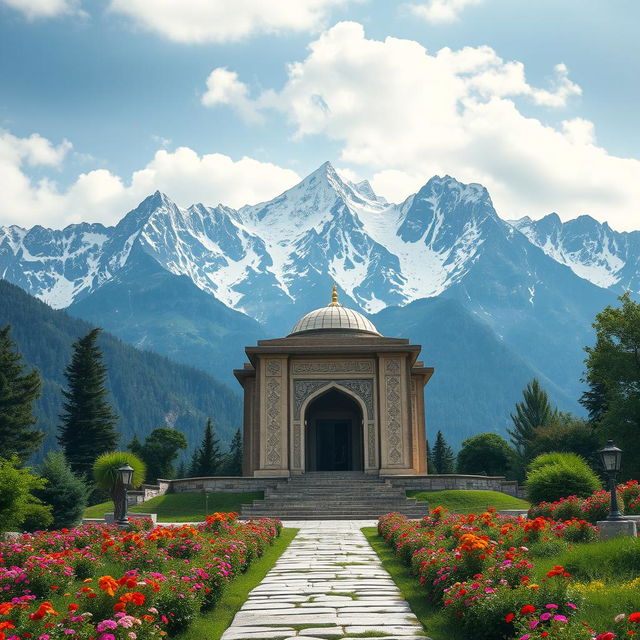 A majestic Islamic hero's tomb located at the foothills of a grand mountain range, surrounded by lush greenery and vibrant wildflowers