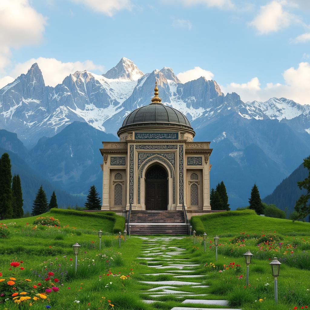 A majestic Islamic hero's tomb located at the foothills of a grand mountain range, surrounded by lush greenery and vibrant wildflowers