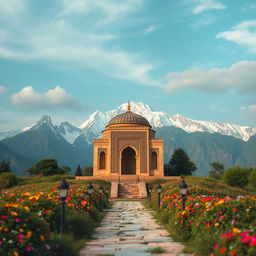 A majestic Islamic hero's tomb located at the foothills of a grand mountain range, surrounded by lush greenery and vibrant wildflowers