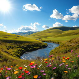 A clear, high-resolution photograph of a stunning landscape featuring rolling hills under a bright blue sky with fluffy white clouds, vibrant green grass covering the hills, and a peaceful river weaving through the scene