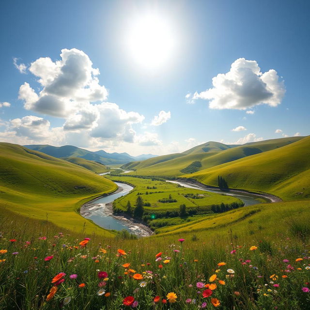 A clear, high-resolution photograph of a stunning landscape featuring rolling hills under a bright blue sky with fluffy white clouds, vibrant green grass covering the hills, and a peaceful river weaving through the scene