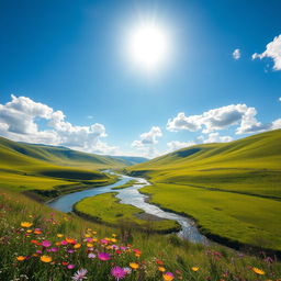 A clear, high-resolution photograph of a stunning landscape featuring rolling hills under a bright blue sky with fluffy white clouds, vibrant green grass covering the hills, and a peaceful river weaving through the scene