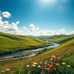 A clear, high-resolution photograph of a stunning landscape featuring rolling hills under a bright blue sky with fluffy white clouds, vibrant green grass covering the hills, and a peaceful river weaving through the scene