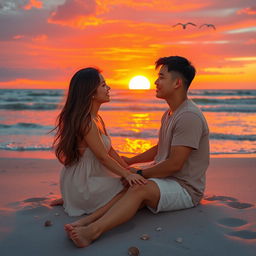 A romantic scene of a couple sitting on a beach at sunset, gazing into each other's eyes with soft smiles