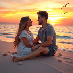 A romantic scene of a couple sitting on a beach at sunset, gazing into each other's eyes with soft smiles