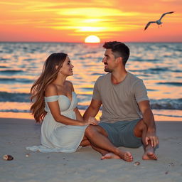 A romantic scene of a couple sitting on a beach at sunset, gazing into each other's eyes with soft smiles