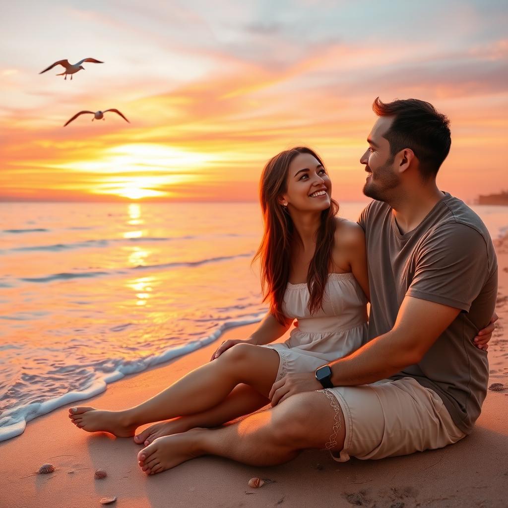 A romantic scene of a couple sitting on a beach at sunset, gazing into each other's eyes with soft smiles
