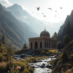 A breathtaking view of an Islamic hero's mausoleum nestled in the heart of a mountain range, at the beginning of a majestic mountain valley