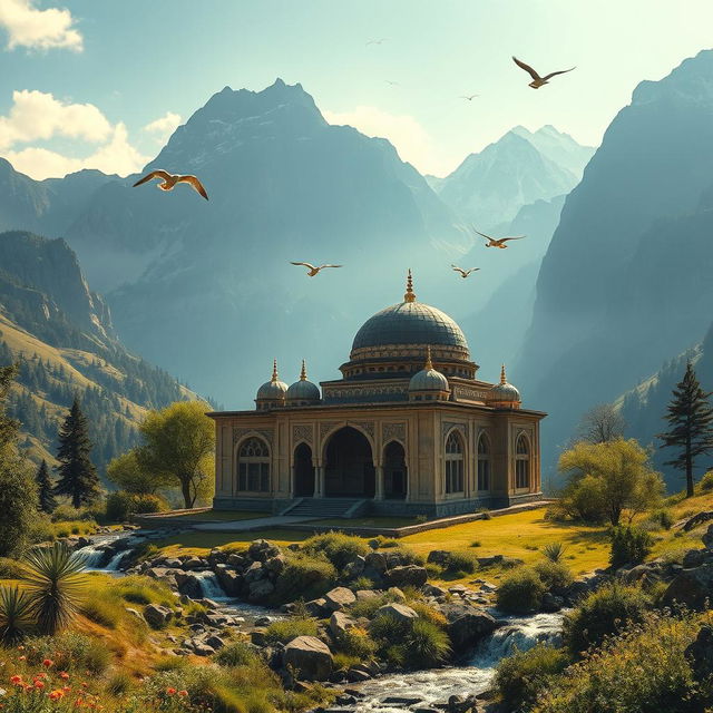 A breathtaking view of an Islamic hero's mausoleum nestled in the heart of a mountain range, at the beginning of a majestic mountain valley