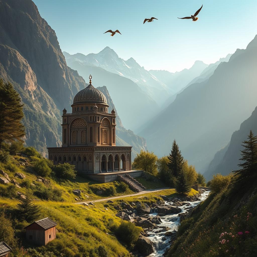 A breathtaking view of an Islamic hero's mausoleum nestled in the heart of a mountain range, at the beginning of a majestic mountain valley