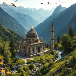 A breathtaking view of an Islamic hero's mausoleum nestled in the heart of a mountain range, at the beginning of a majestic mountain valley
